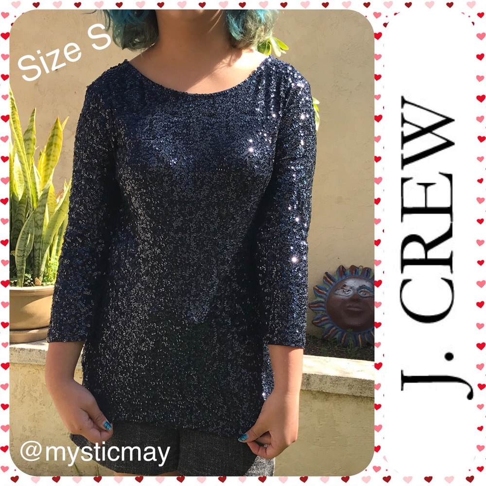 Womens J.CREW Navy Blue 3/4 Sleeve Sequin Overlay Top Bateau Neck Blouse Size S